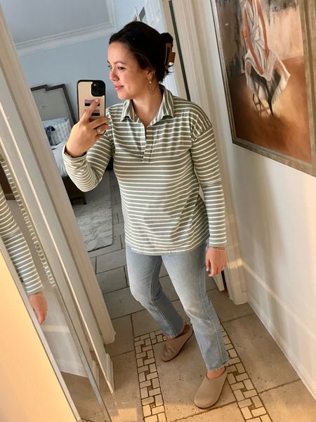 Comfy mom uniform 
Alice walk stripe polo sweater 
Mother denim 
Rothy’s slide moccasin clogs (run big, size down) 


#LTKstyletip