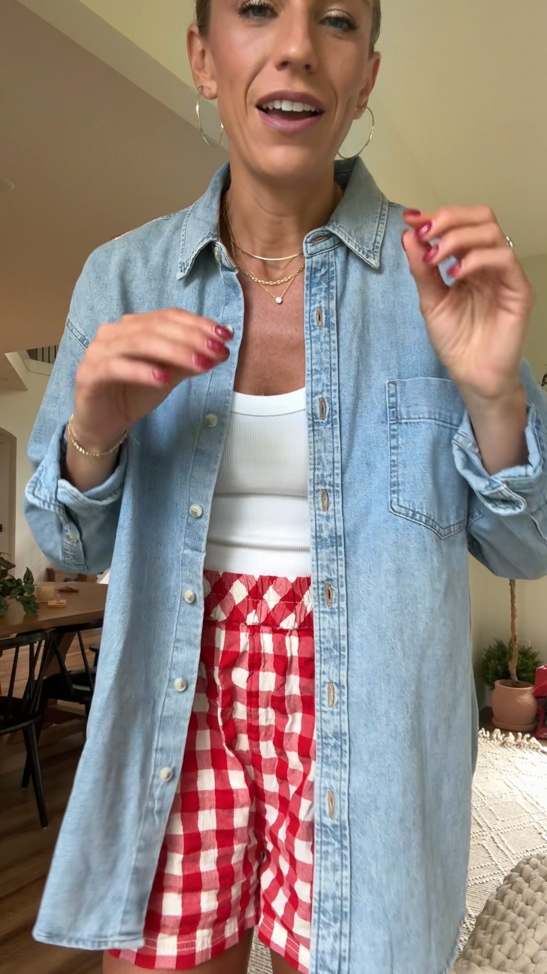 Summer comfy mom outfit. Size medium in denim button up (runs oversized), small in seersucker red gingham shorts. 
Linked black version as well
Small in tank
Jelly flats are so comfy! Run tts

My favorite stackable jewelery! 20% off with code ASHLEY20 and lifetime warranty 