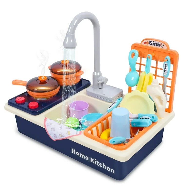 Kids Kitchen Sink Playset with Running Water, Sounds & Lights, Stove, Pots, Pans, Pretend Food, 2... | Walmart (US)
