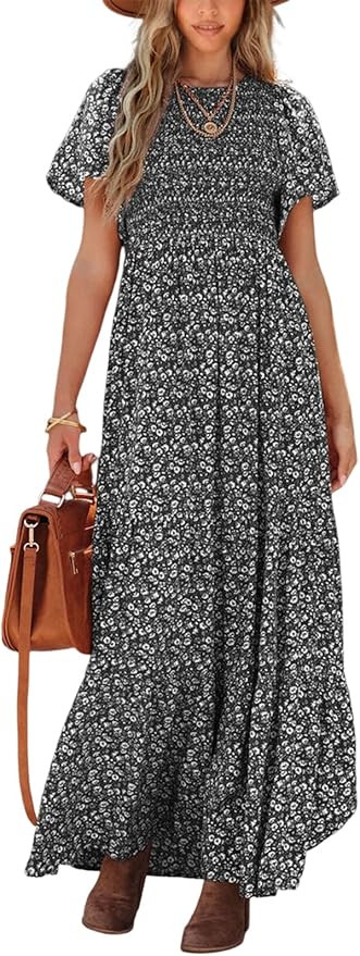 PRETTYGARDEN Women's Summer Casual Flutter Short Sleeve Boho Floral Maxi Dress Crew Neck Smocked ... | Amazon (US)