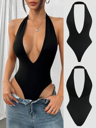 Deep plunge backless bodysuit | SHEIN