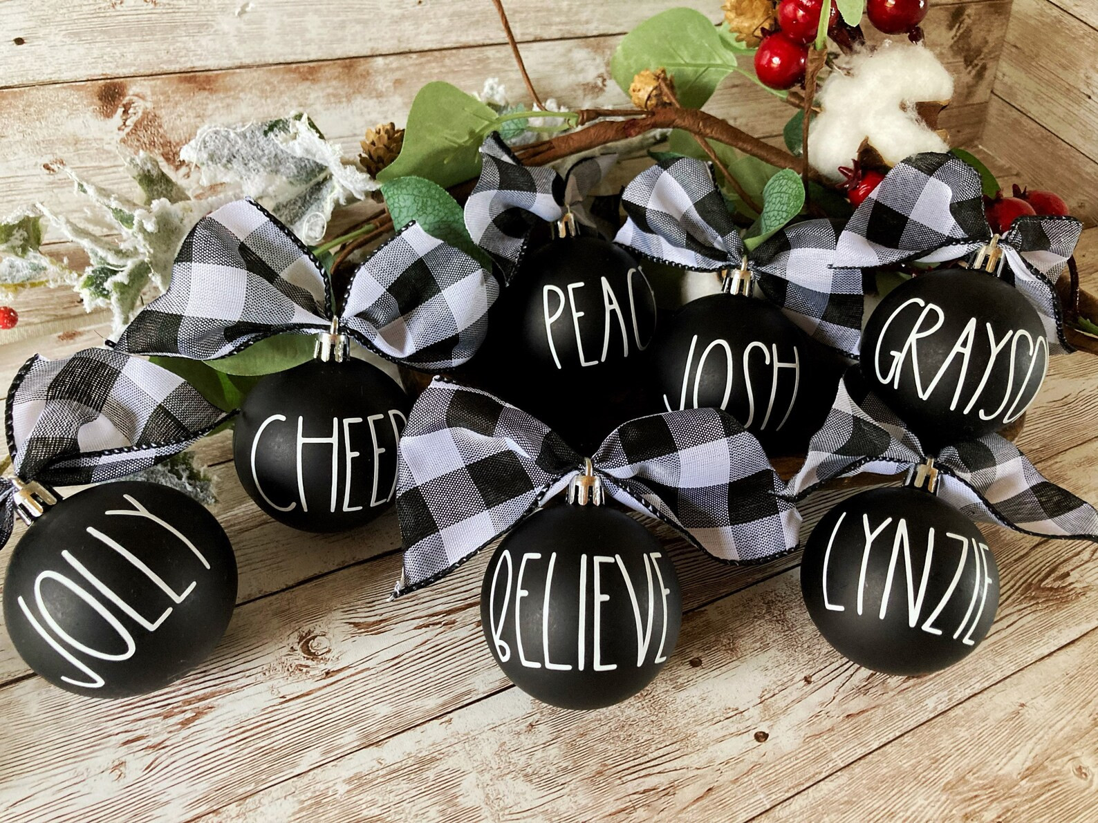 Personalized Matte Black With White Letters Christmas Ornaments, Farmhouse Christmas Tree Decorat... | Etsy (US)