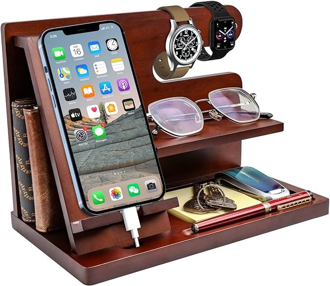 Amazon.com: Gifts for Men Wood Phone Docking Station Gifts for him Husband Nightstand Organizer f... | Amazon (US)
