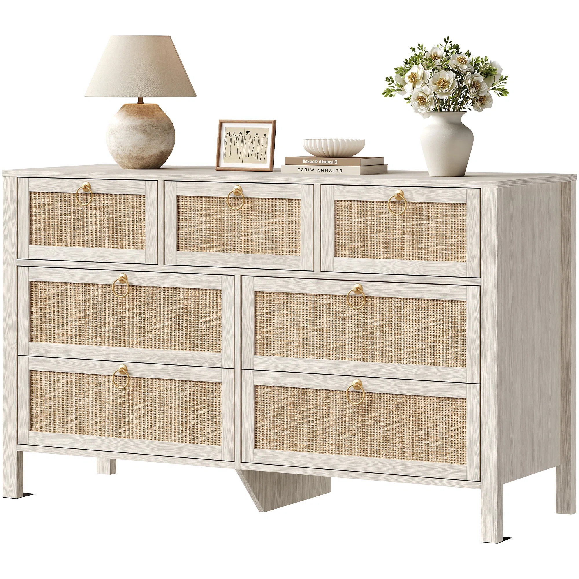 Pomodoro 51" W Rattan 7-Drawer Dresser With Golden Handles, Coastal Boho Bedroom Storage Chest | Wayfair North America