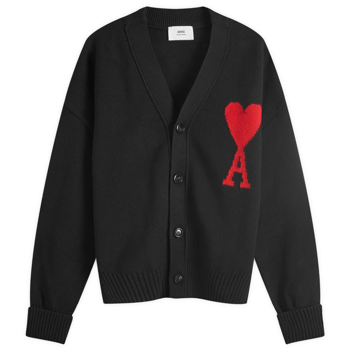 AMI Paris Men's AMI Large A Heart Cardigan in Black/Red, Size X-Large | END. Clothing