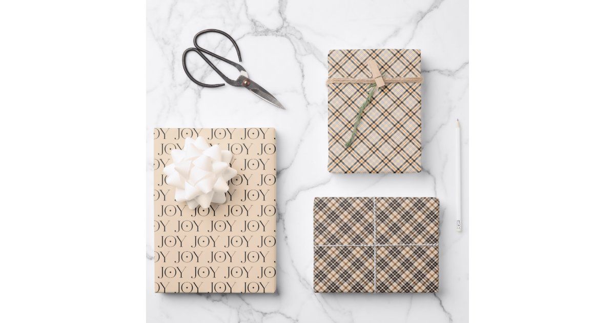 Joy Tan Tartan Plaid Pattern Christmas Wrapping Paper Sheets | Zazzle | Zazzle