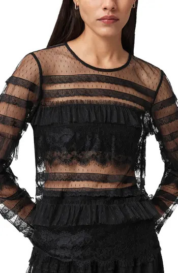 AllSaints Arlea Ruffle Tulle Top in Black at Nordstrom Rack, Size 4 Us / 8 Uk | Nordstrom Rack