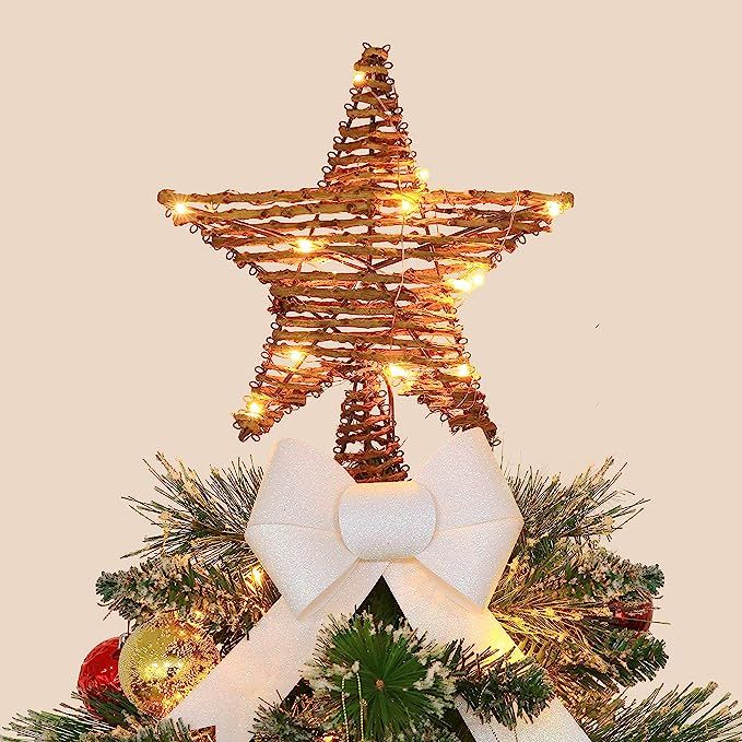 Christmas Tree Topper,Lighted Rattan Star Tree Topper with 15 LED Lights for Christmas Tree and H... | Amazon (US)