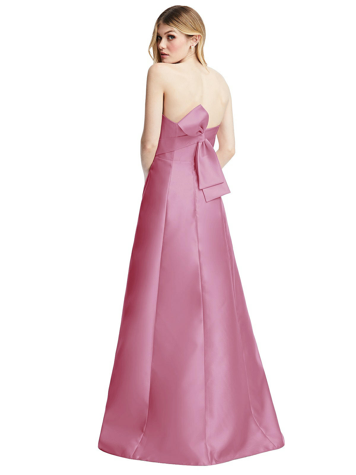 Strapless A-line Satin Gown with Modern Bow Detail | The Dessy Group