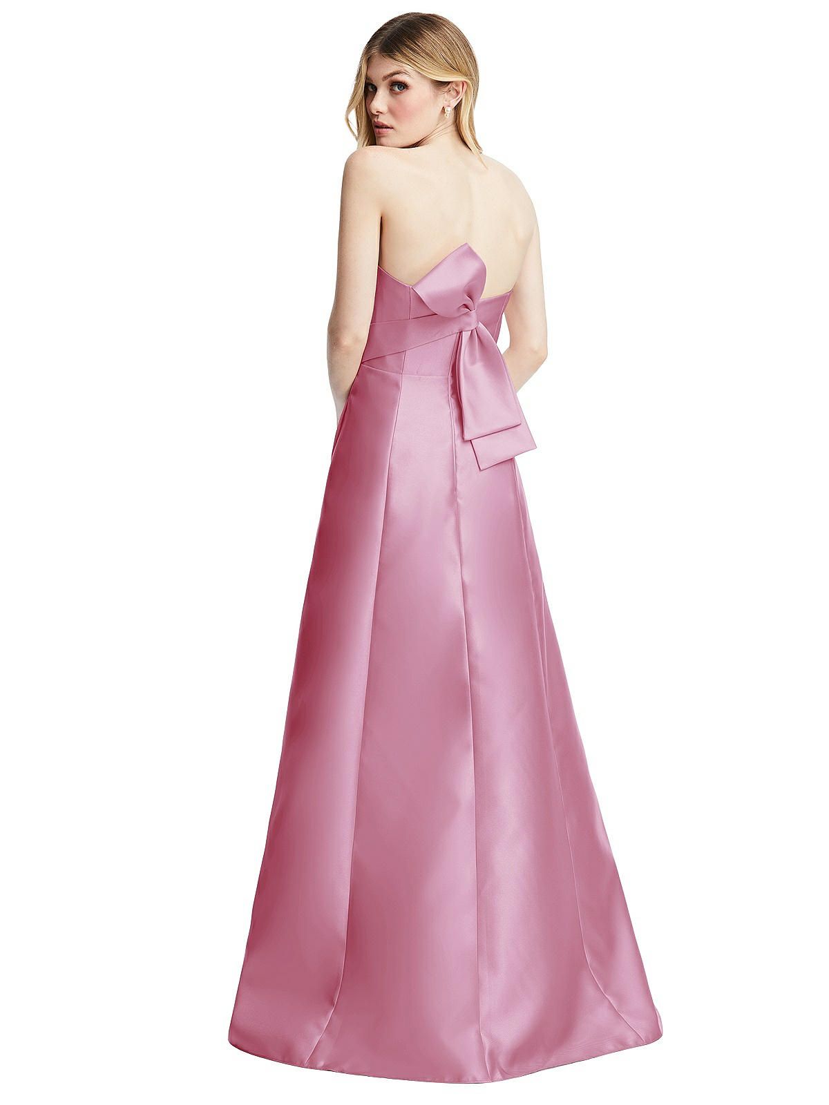 Strapless A-line Satin Gown with Modern Bow Detail | The Dessy Group