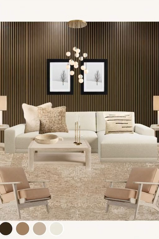Neutral, but make it interesting! This room is all about the layers—slat wood walls, mixed textures, and that stunning globe chandelier. It’s the warm, modern sanctuary of my dreams. 

 #LTKHome #LTKSaleAlert #LTKFindsUnder100