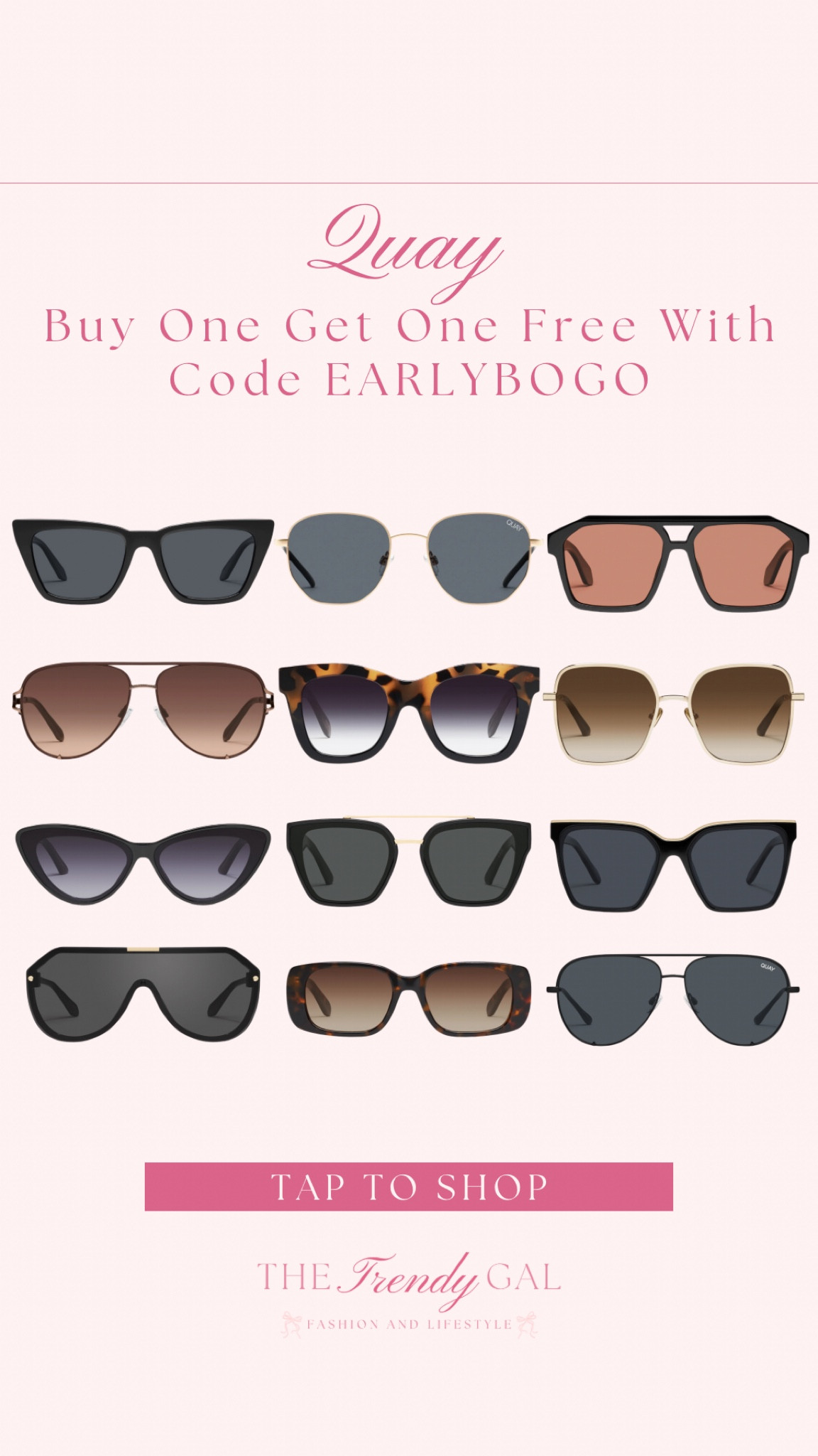 Quay Sunglasses Buy One Get One Free with Code EARLYBOGO!

#LTKStyleTip #LTKSaleAlert #LTKBeauty