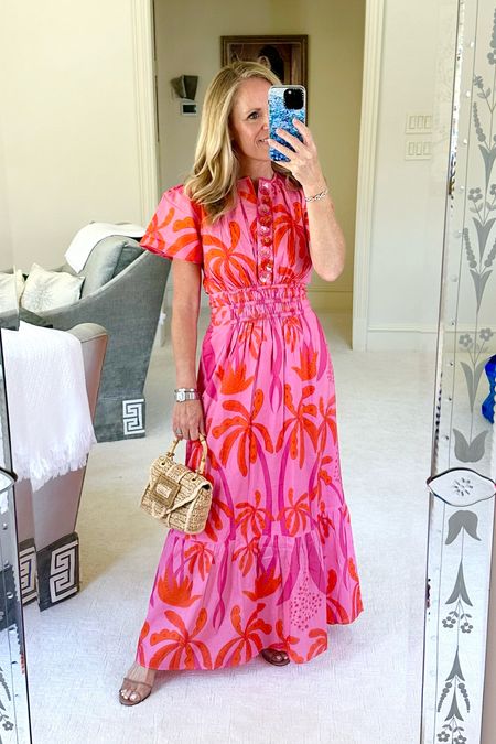 The perfect vacation dress! 
Hot pink and orange palm print Eloise midi dress from Sheridan French. 
The sequin flowers make it so special!! 

Fits TTS 
I’m 5’2” tall for length reference. Wearing XS. 

#LTKTravel #LTKOver40 #LTKStyleTip