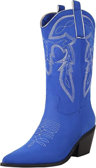 Reitoye Women's Embroidered Western Cowboy Boots Mid Calf Chunky Heel Pull-Up Tabs Classic Cowgir... | Amazon (US)
