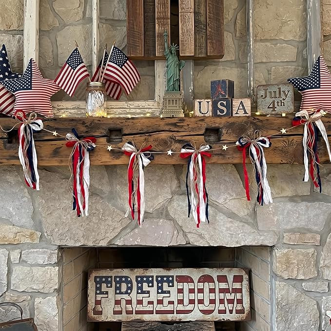 Novabright 11.8 ft Red White Blue Patriotic Bow Star Banner 4th of July Ribbon Star Garland 250th... | Amazon (US)
