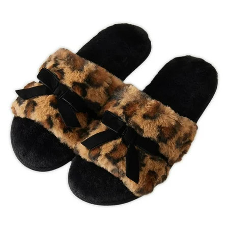 Roxoni Womens Fuzzy Leopard Print Slippers with Bow Cozy Plush Indoor House Slides Soft Memory Foam Non-Slip Sole | Walmart (US)