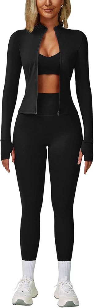 ABOCIW 3 Piece Workout Sets for Women Zipper Long Sleeve Jacket Racerback Sports Bra High Waist L... | Amazon (US)