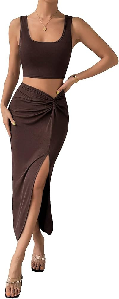 Verdusa Women's 2 Piece Outfit Square Neck Crop Tank Top and Ruched Long Skirt Sets | Amazon (US)