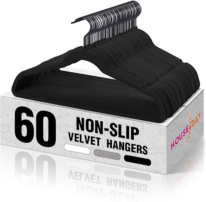 HOUSE DAY Black Velvet Hangers 60 Pack, Velvet Clothes Hangers Non Slip Felt Hangers, Heavy Duty ... | Amazon (US)