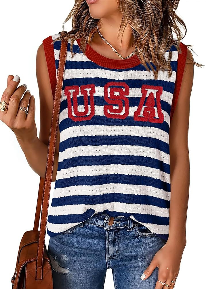 PECHAR USA 4th of July Shirts Women American Flag Hollow Out Knit Tank Tops Patriotic Striped Col... | Amazon (US)
