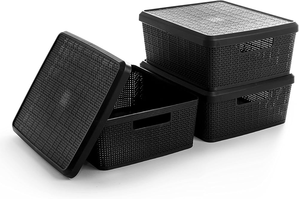 BINO | Plastic Storage Baskets with Lids, Medium - 3 Pack | THE JUTE COLLECTION | Shelf Organizer... | Amazon (US)