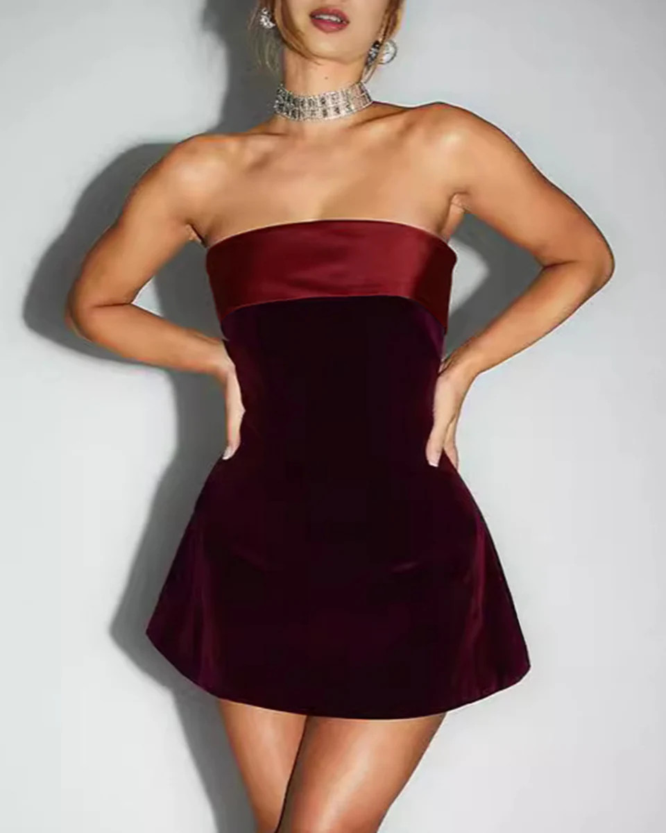 Wine Red Strapless A-Line Mini Dress | rihoas.com