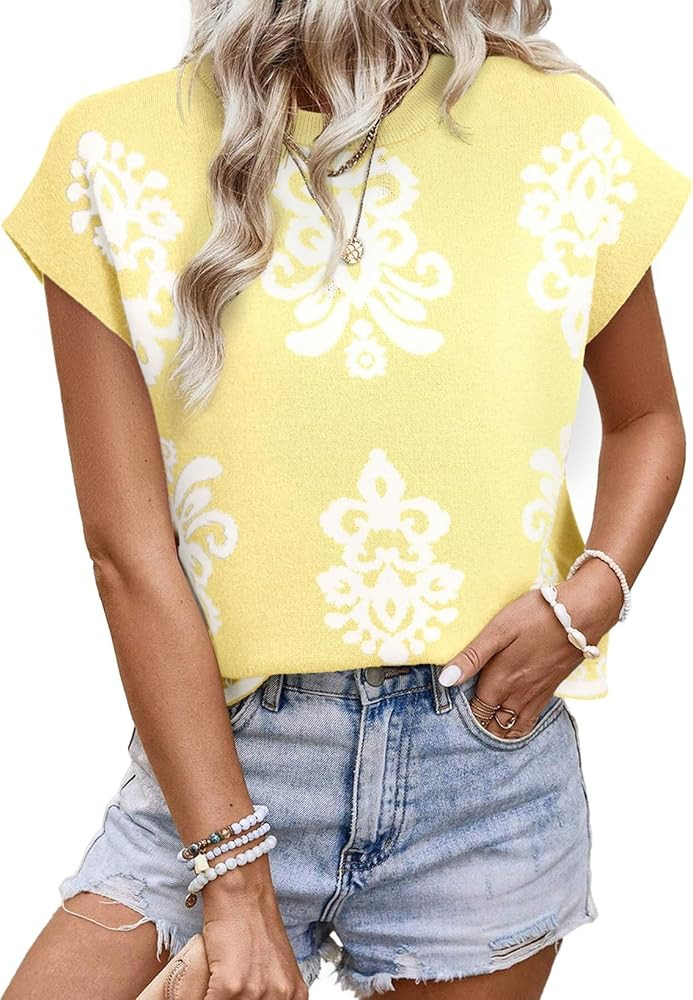 Dokotoo Women’s Sweater Vest Summer Casual Crewneck Knit Pullover Tops Lightweight Boho Printed... | Amazon (US)