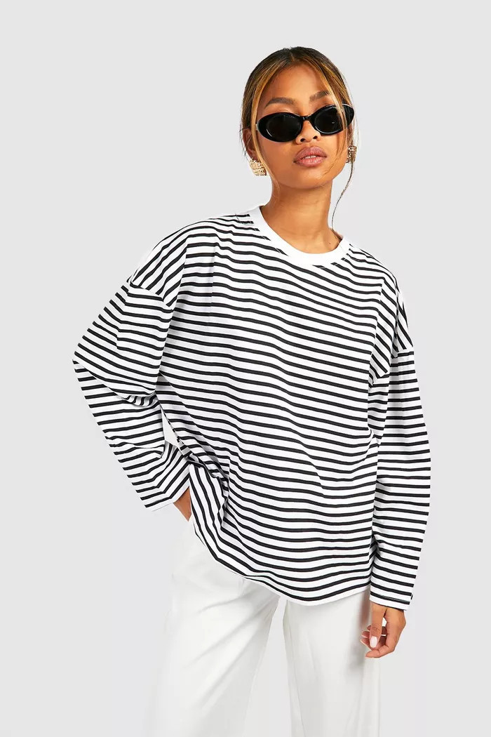 Basic Cotton Oversized Long Sleeve Striped T-shirt | boohoo (US & Canada)