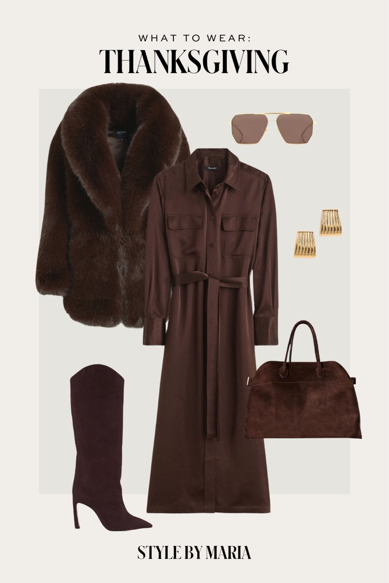 Thanksgiving outfit ideas / fall outfit
Revolve brown faux fur coat 
Madewell satin dress
Schutz suede boots
Amazon suede handbag 
Shopbop earrings

#LTKShoeCrush #LTKSeasonal #LTKStyleTip