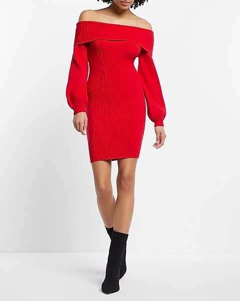 Ribbed Off The Shoulder Balloon Sleeve Mini Sweater Dress | Express