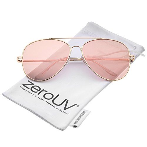 zeroUV - Large Metal Rose Gold Frame Pink Mirror Flat Lens Aviator Sunglasses 60mm (Gold/ Pink Mirro | Amazon (US)