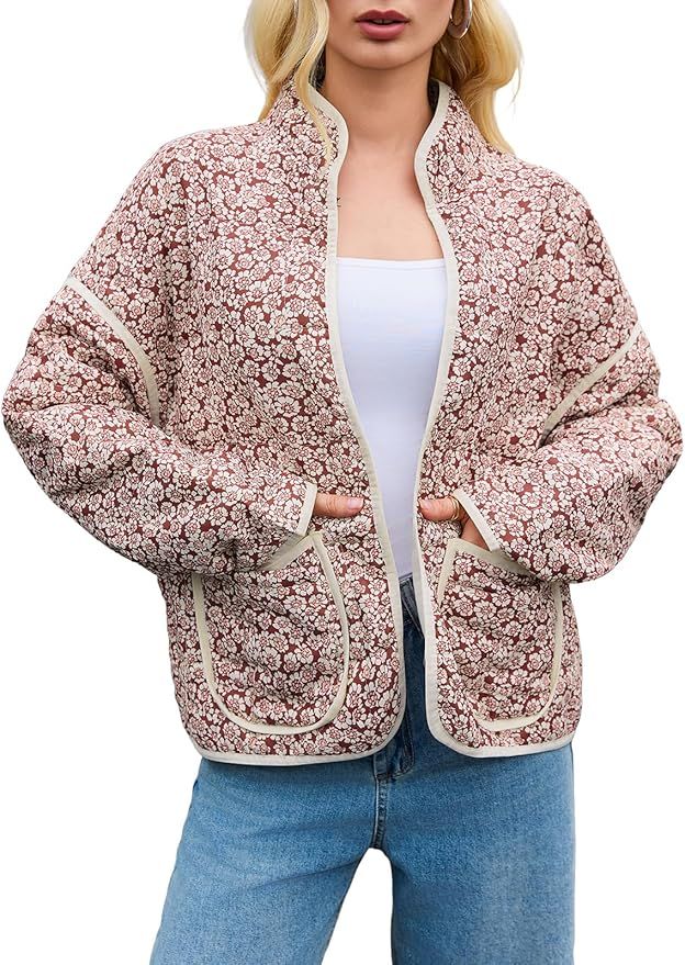 Tankaneo Womens Quilted Lightweight Jackets Floral Print Winter Coats Open Front Cardigan with Po... | Amazon (US)