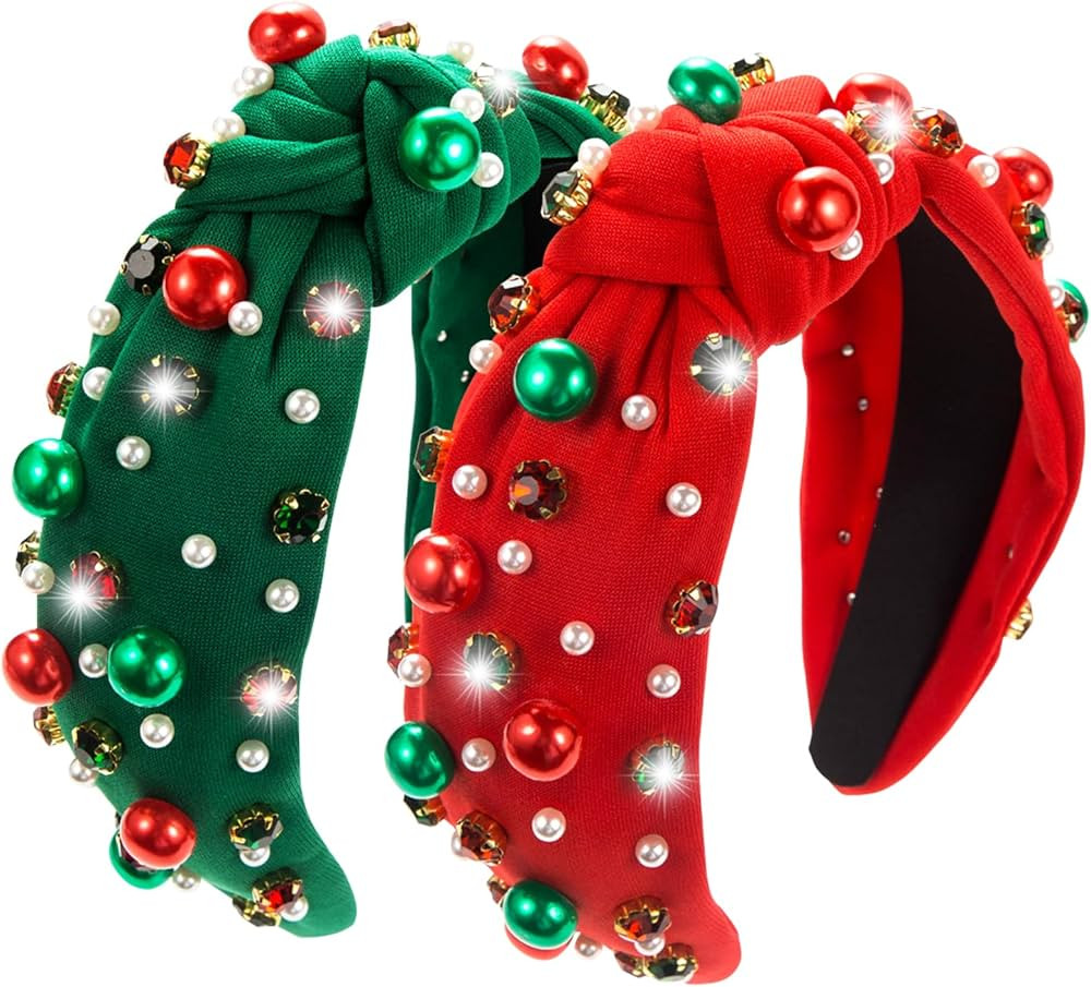 TailaiMei 2Pcs Christmas Rhinestone Knotted Headband for Women, Red & Green Jeweled Crystal Embel... | Amazon (US)