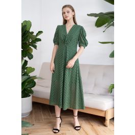 Twist V-Neck Buttoned Eyelet Dress in Green | Chicwish