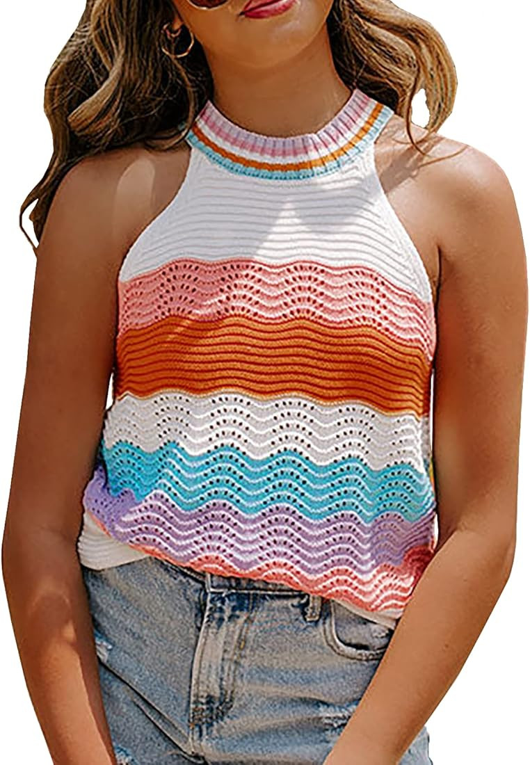 Dellytop Women’s Halter Neck Sweater Vest Color Block Sleeveless Loose Knit Tank Top | Amazon (US)