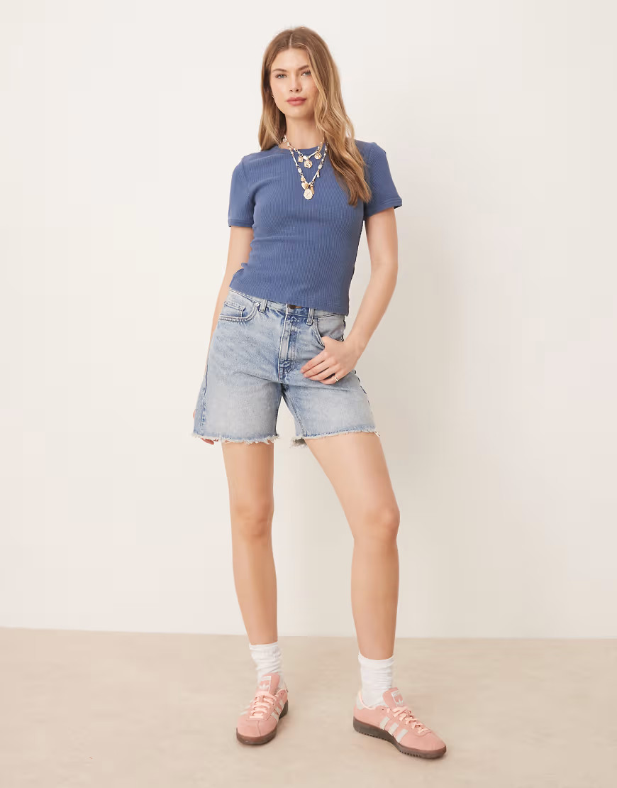 ASOS DESIGN waffle knit baby tee in washed navy-Blue | ASOS (Global)