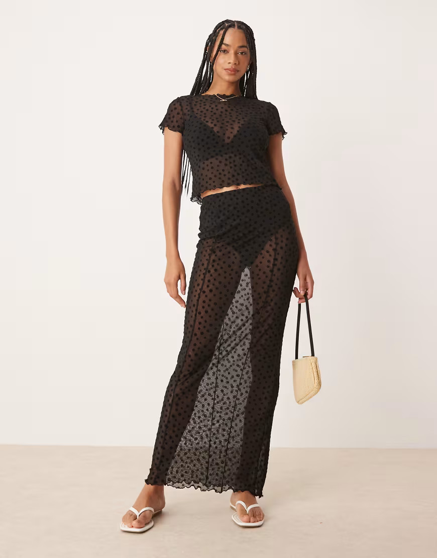 ASOS DESIGN floral flocked sheer mesh maxi skirt in black | ASOS (Global)