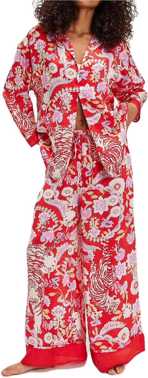 Women Satin Pajama Set Floral Silk Pajamas 2 Piece Lounge Sets Button Down Shirts Wide Leg Pants ... | Amazon (US)