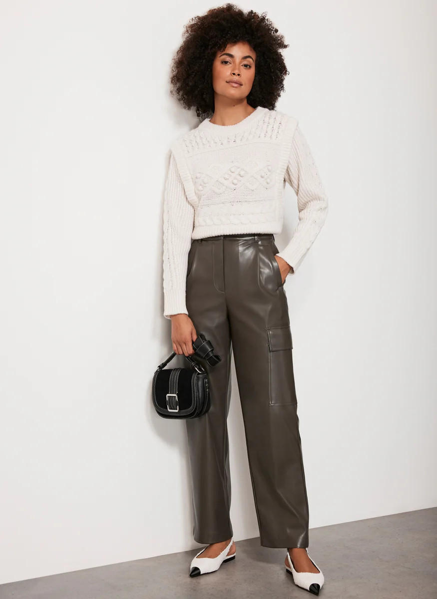 Khaki Faux Leather Trousers | Mint Velvet