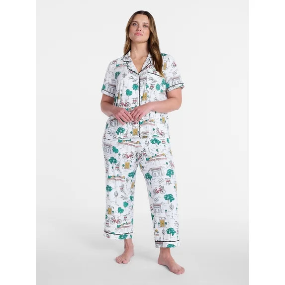 Joyspun Women's Dreamy Soft Collection Notch Collar Top and Capri Pants Pajama Set, 2-Piece, Size... | Walmart (US)