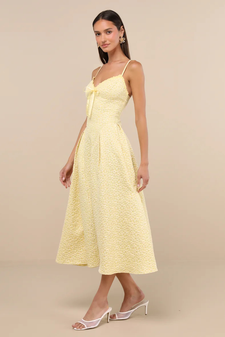 Ninetta Light Yellow Floral Jacquard Lace-Up Midi Dress | Lulus