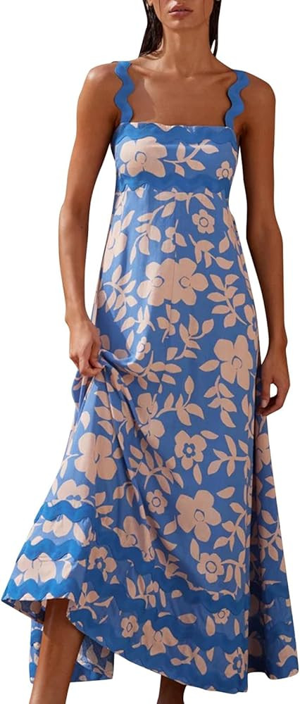 Summer Dresses for Women 2024,Trendy A-Line Spaghetti Straps Ruffled Edges Flowy Maxi Dress | Amazon (US)