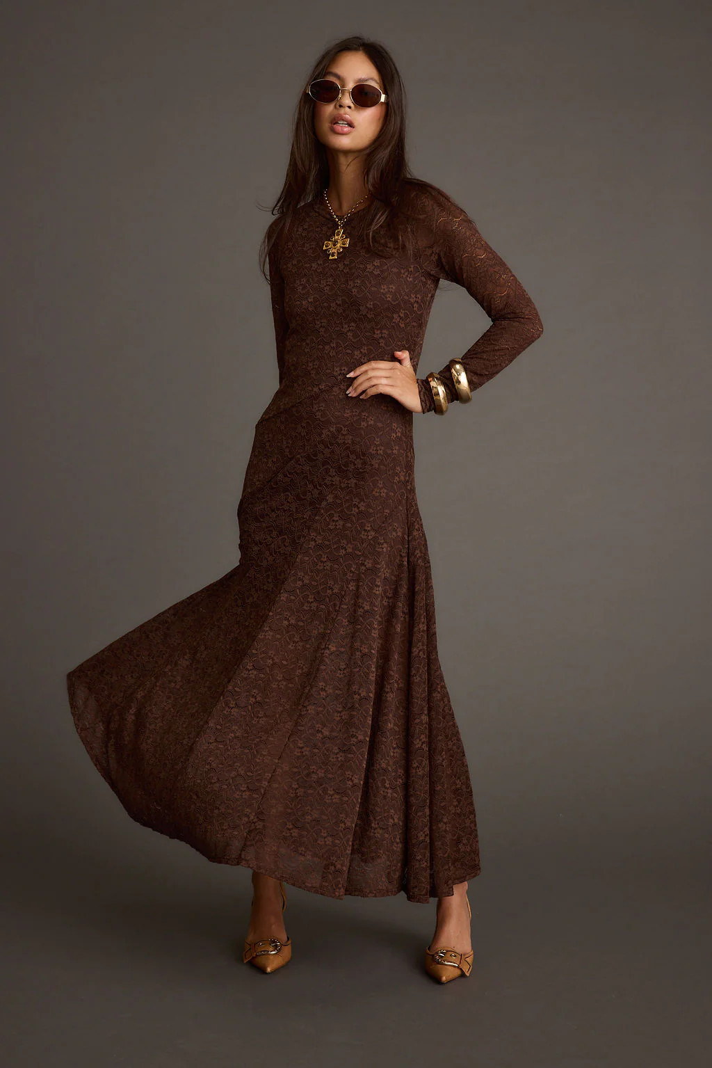 Tierra Brown Lace Long Sleeve Maxi Dress | 12th Tribe