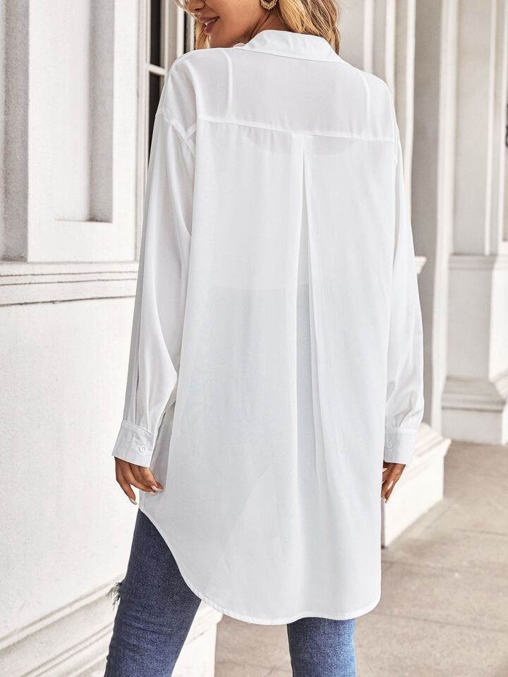 SHEIN LUNE Drop Shoulder Button Front Curved Hem Longline Shirt | SHEIN