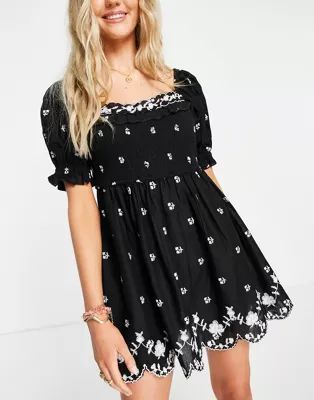 River Island ditsy floral embroidered beach mini dress in black | ASOS (Global)