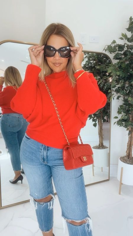 Valentines outfit Inspo, red sweater, Amazon sweater, off the shoulder sweater, Amazon pumps, black heels, Tory Burch bag, red bag, oversized sunnies, Abercrombie jeans, curve love jeans, distressed jeans 

#LTKFind #LTKstyletip #LTKsalealert