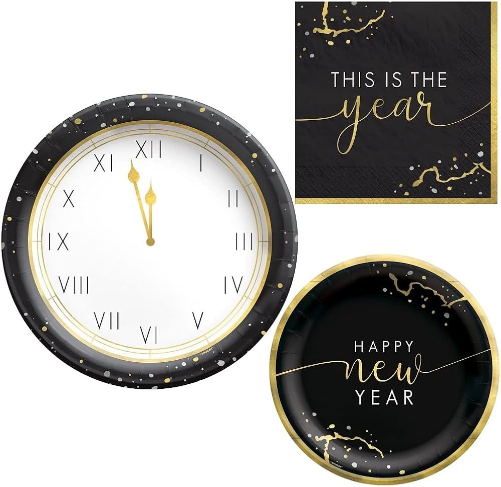 New Year's Eve Party Supplies for 20 People | Black & Gold Themed Bundle | Paper Dinner Plates De... | Amazon (US)