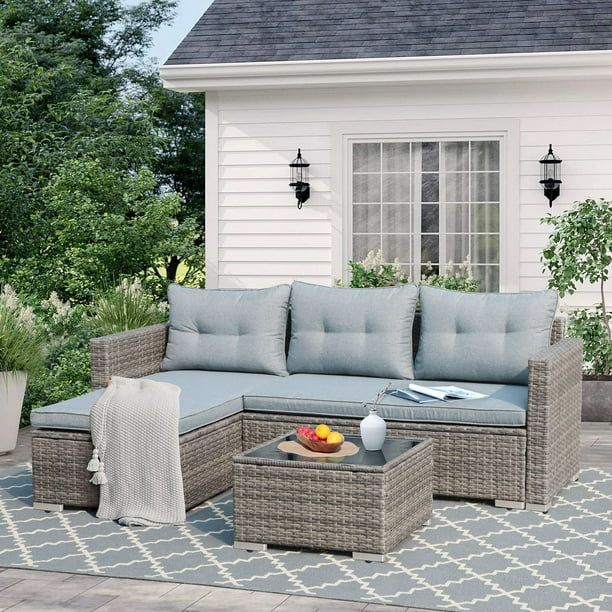 OC Orange-Casual 5-Piece Outdoor Sectional Sofa Set with Glass Coffee Table Grey Rattan & Sliver-... | Walmart (US)