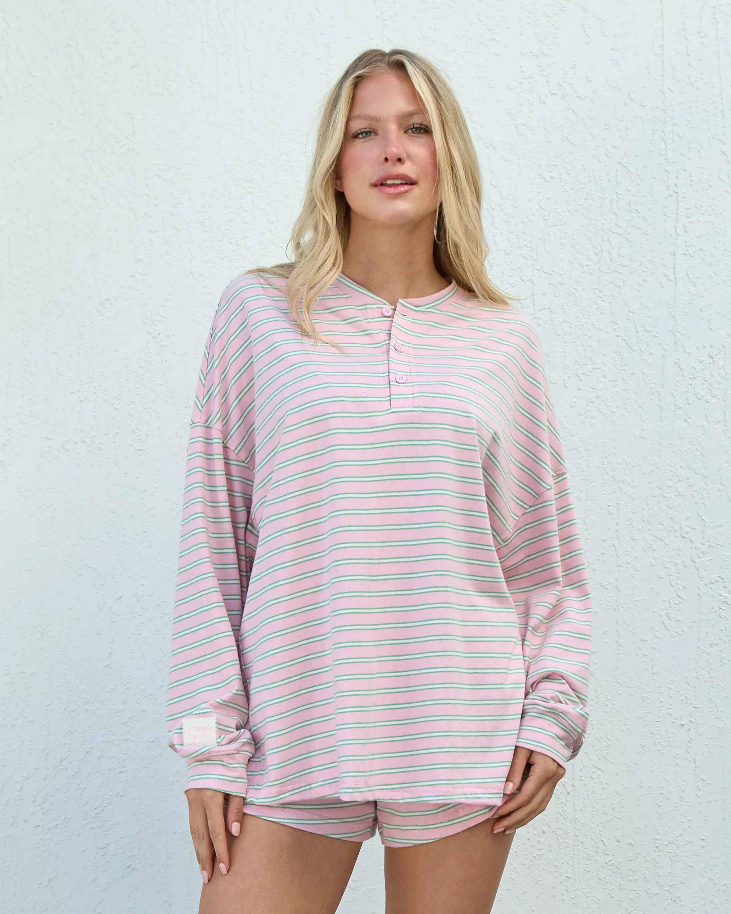 Long Sleeve Striped Henley in Guava Stripe | Eleven Eleven