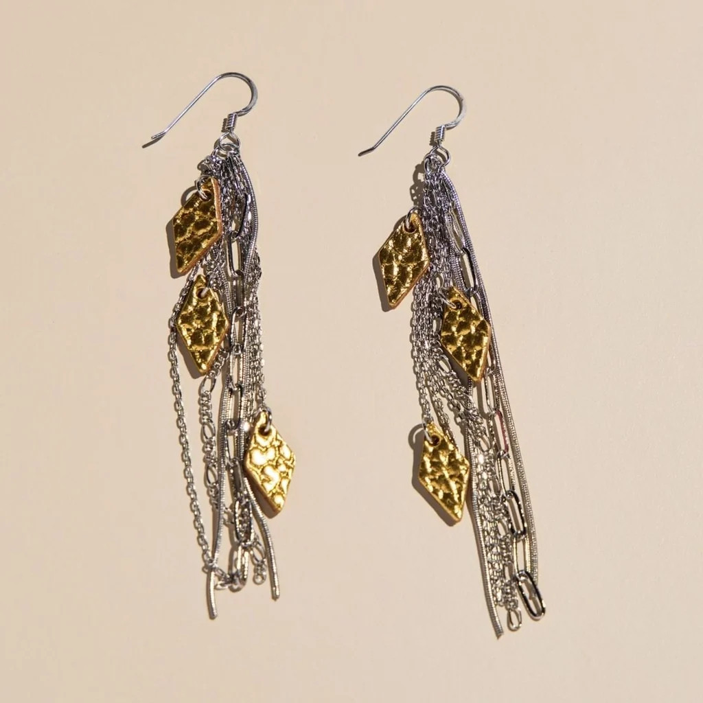 Hammered Gold Mixed Metal Jolene Chain Statement Earrings | Nickel and Suede